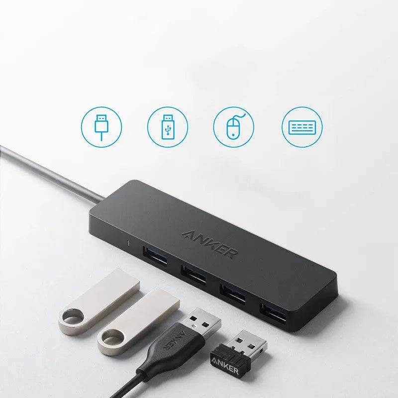 Black Anker 4-port USB 3.0 hub with aluminium casing and 20 cm connecting cable