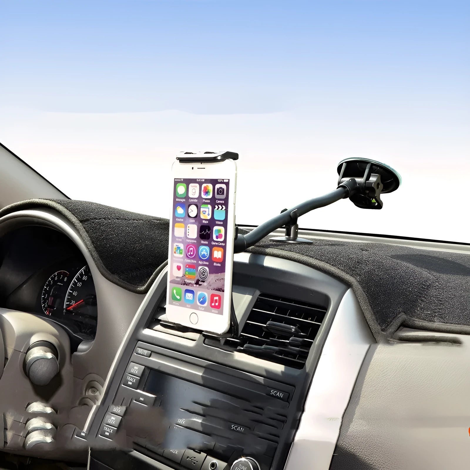 Black universal 4-12 inch vehicle tablet holder with lifting mechanism and suction cup mount.