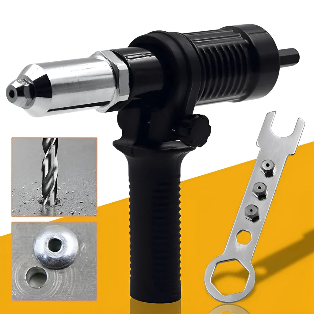 Black metal electric drill rivet gun attachment with alloy steel head, shown with handle, wrench, and four rivet heads.