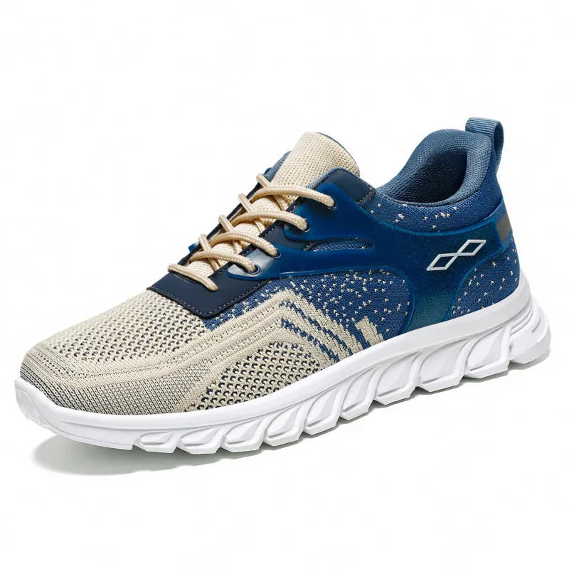 Men's soft bottom breathable striped sneakers with polyester fibre upper in white colour, flat heel and round toe