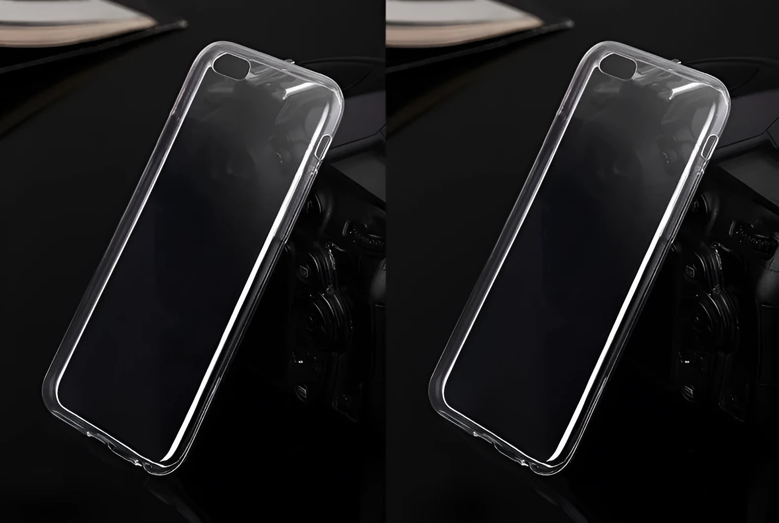 Transparent soft TPU case on an iPhone, showing the phone's screen and colour through the clear material.
