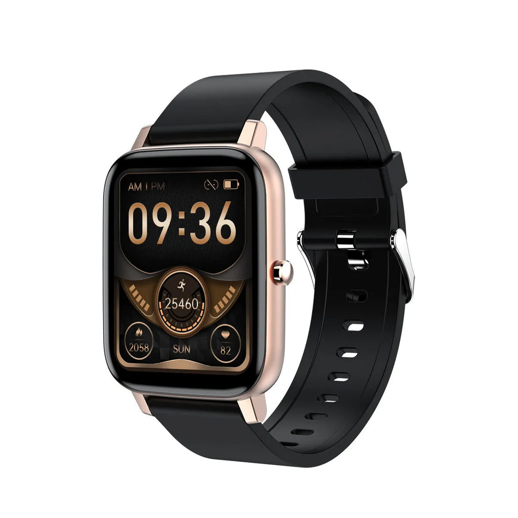 H80 black smart watch with spherical glass screen showing heart rate and time on a silicone strap