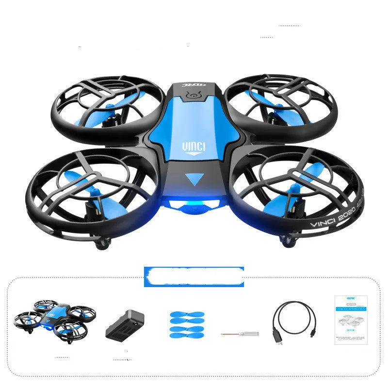 Blue or orange V8 mini remote control drone with propellers, showing compact size under 30cm.