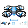 Blue or orange V8 mini remote control drone with propellers, showing compact size under 30cm.