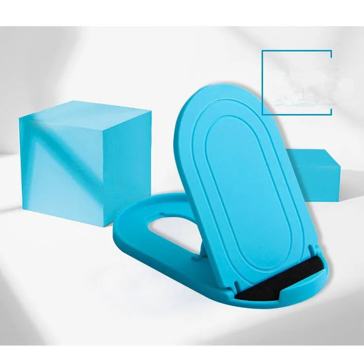 Plastic lazy bracket mobile phone stand in multiple colour choices on a table.