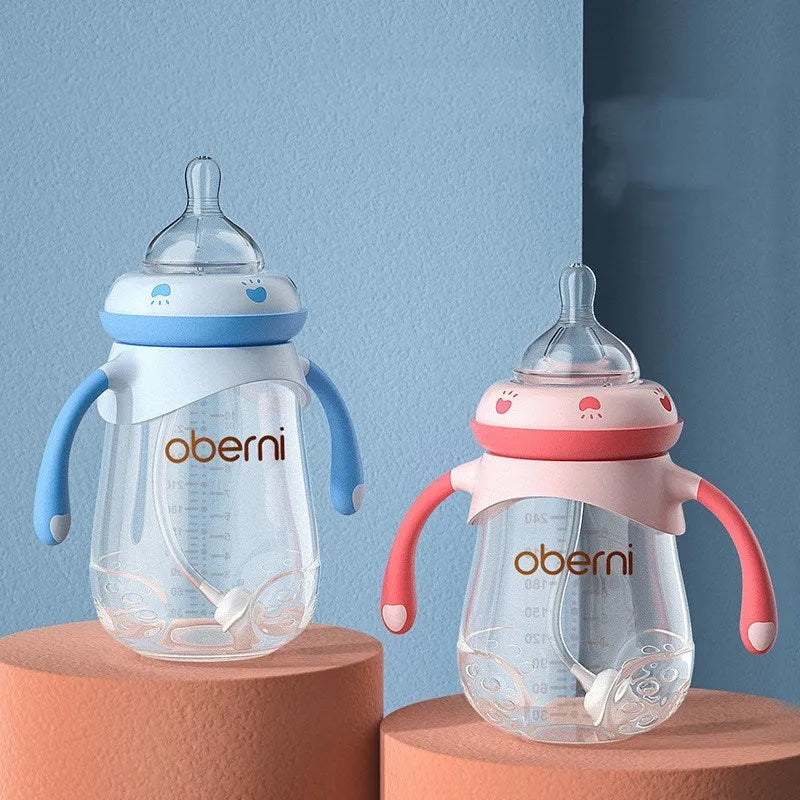 Wide caliber anti-colic baby bottle with handle in gourd shape design