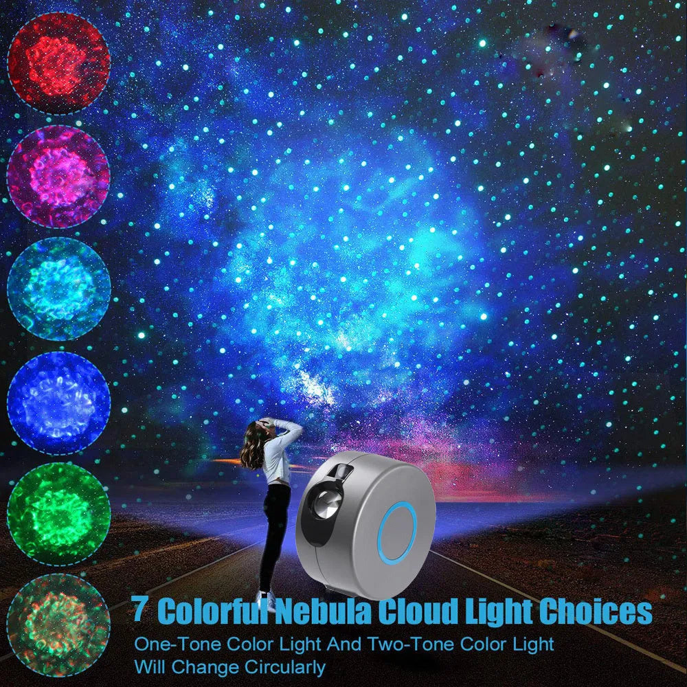 Galaxy starry sky projector rotating with 7 colours on a shelf, remote control next to it