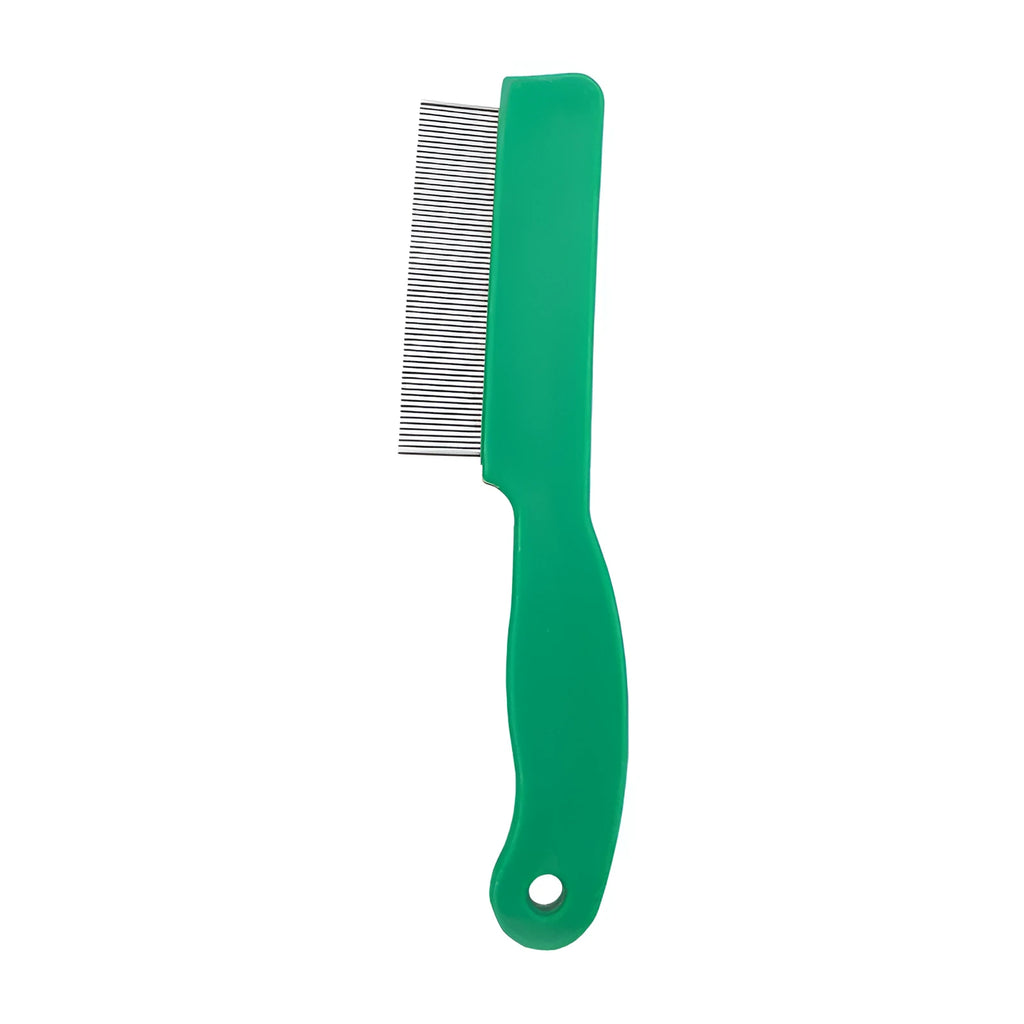 Green plastic-handled pet flea comb with stainless steel pins for dogs and cats.