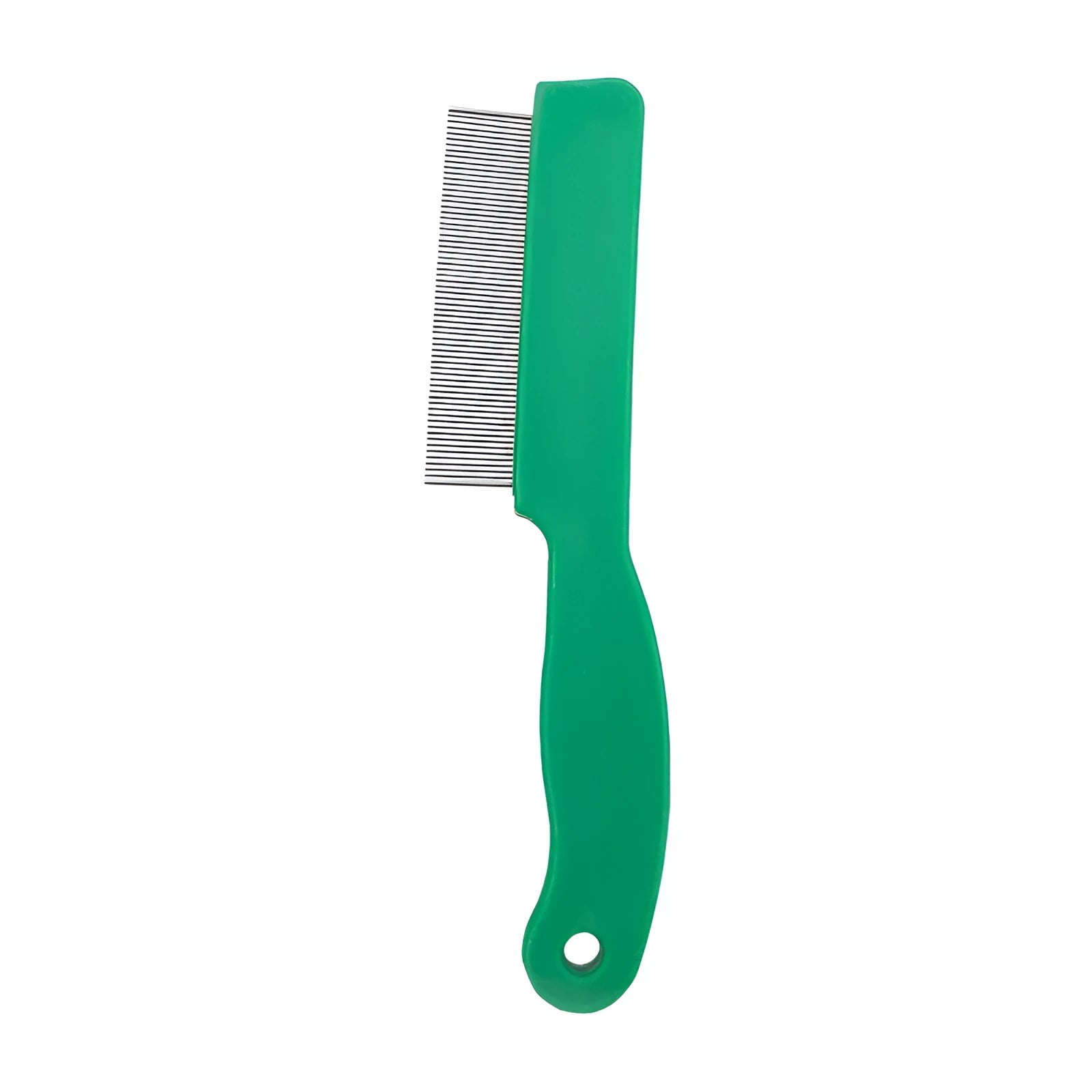 Green plastic-handled pet flea comb with stainless steel pins for dogs and cats.