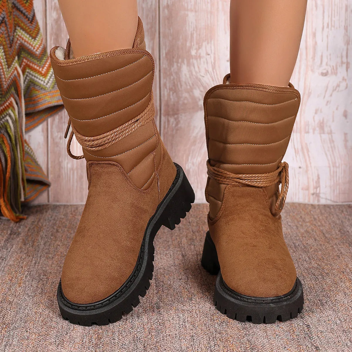 Women's black suede chunky heel snow boots with lace-up front and fleece lining.
