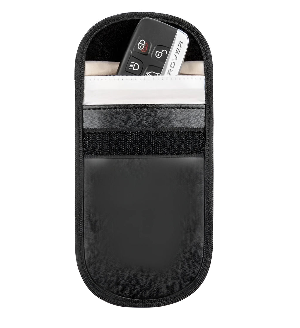 Black RFID signal blocker bag showing 13.5cm by 9.5cm dimensions on a flat surface.