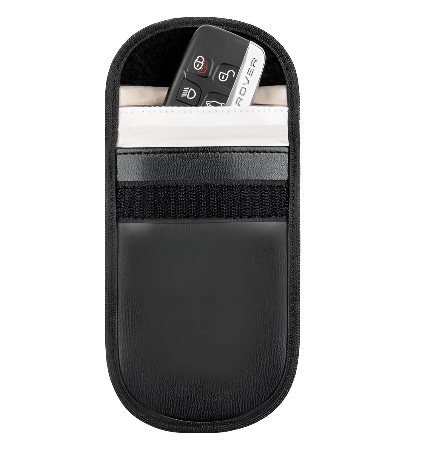 Black RFID signal blocker bag showing 13.5cm by 9.5cm dimensions on a flat surface.