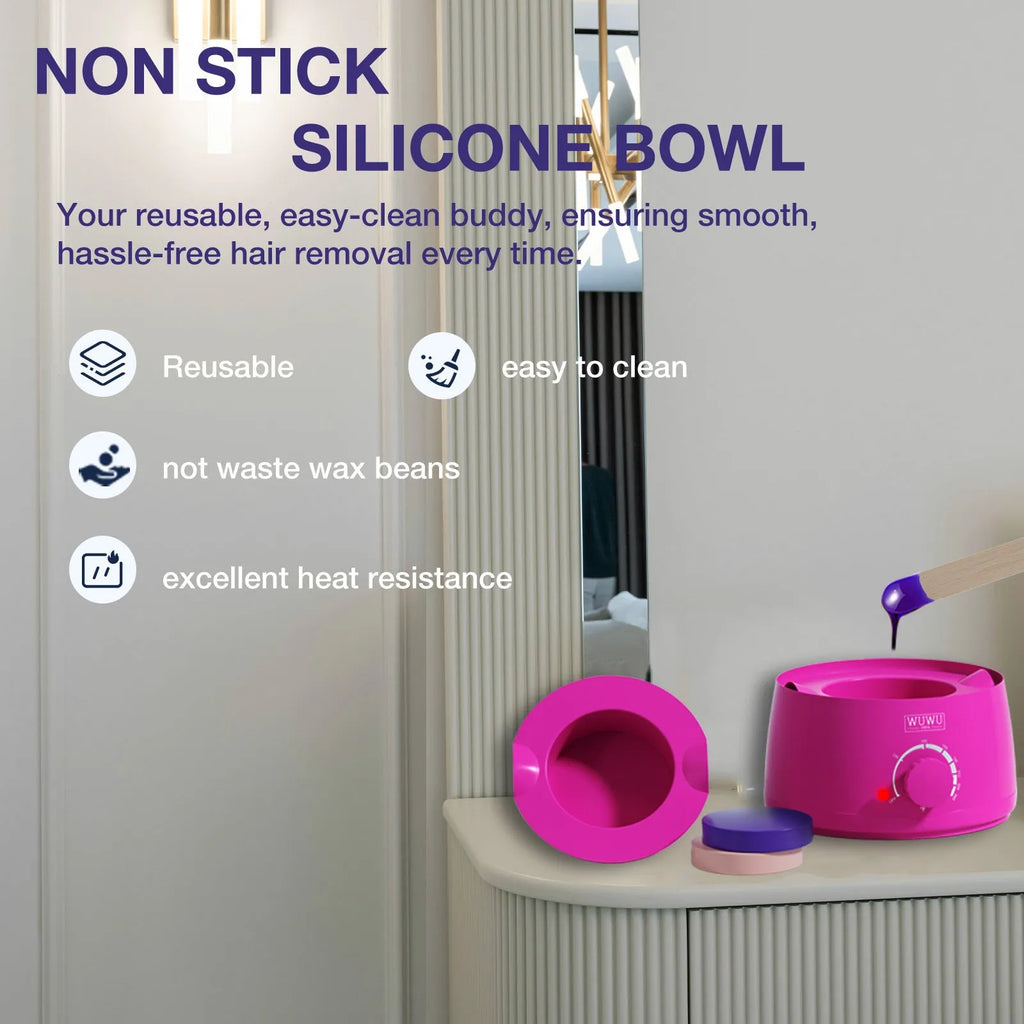 Gold-standard hard wax kit with black wax warmer, wax beads, sticks, and aftercare bottles on a pink background