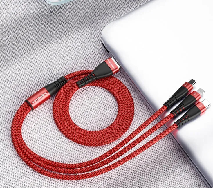 Three-in-one charging cable in black with Apple, Android, and Type-C connectors on a plain background