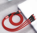Three-in-one charging cable in black with Apple, Android, and Type-C connectors on a plain background