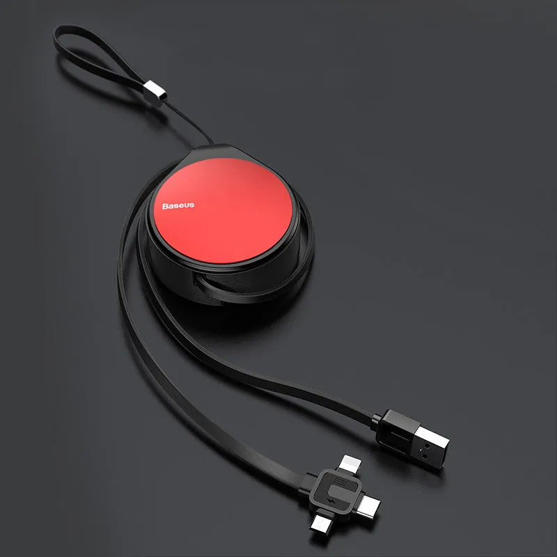 Black telescopic three-in-one fast charging cable extended to 1 metre with Lightning, USB-C, and micro-USB connectors.
