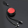 Black telescopic three-in-one fast charging cable extended to 1 metre with Lightning, USB-C, and micro-USB connectors.
