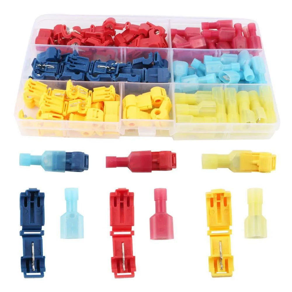 Quick connection box terminal set with red, blue, and yellow male spade and quick connectors in three sizes