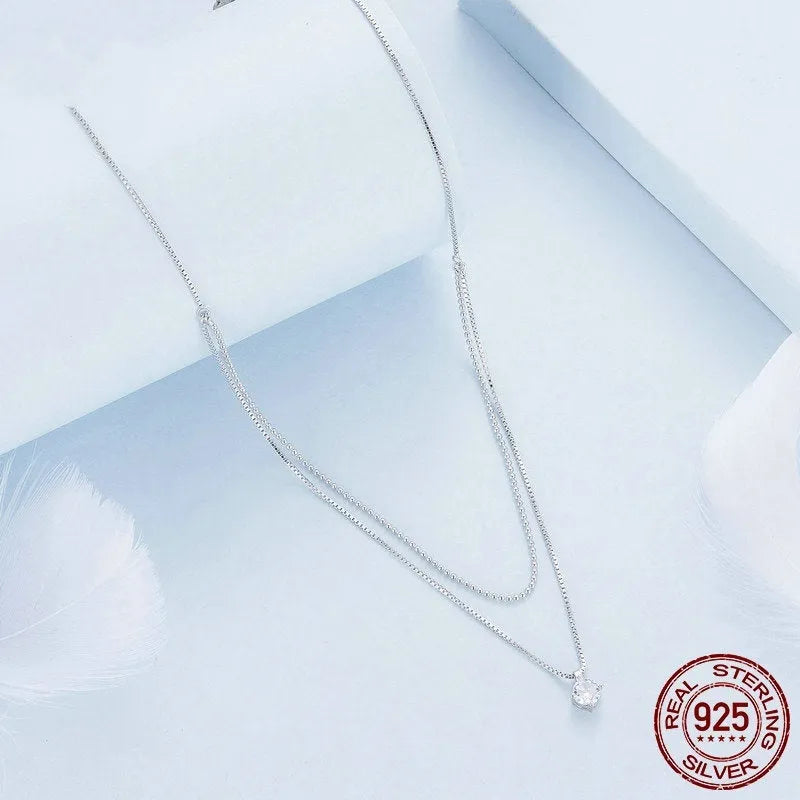 S925 sterling silver double layer necklace with pearl chain in shining silver finish