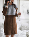 Brown women's cotton polar fleece patchwork skirt with retro art design and long sleeves