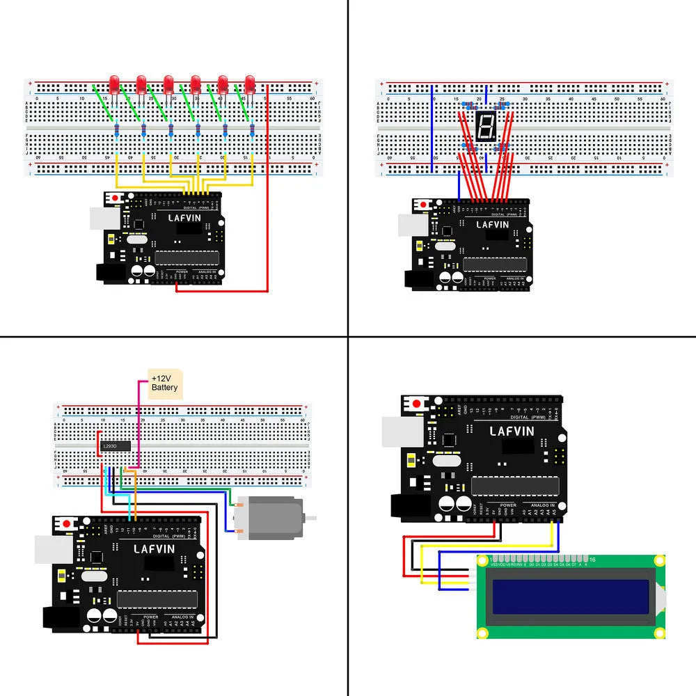 LAFVIN Arduino UNO R3 starter kit with blue board, breadboard, components, and CD