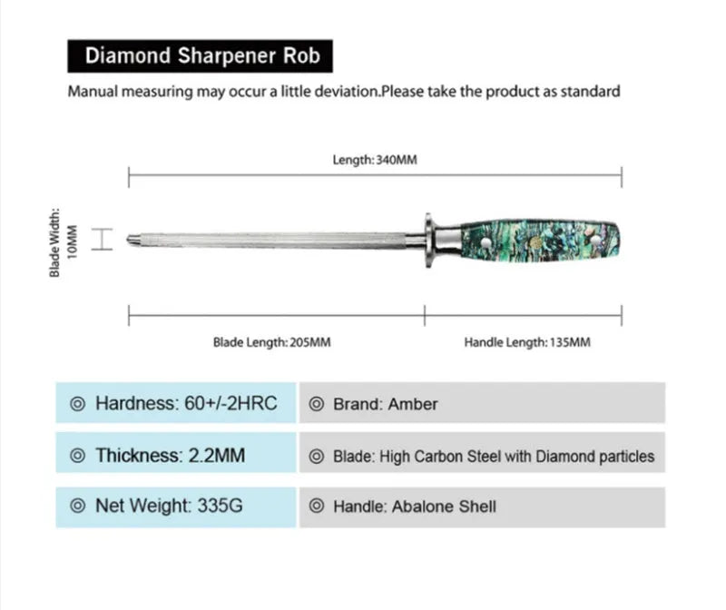 Manual high carbon steel knife sharpener with abalone shell handle on a surface