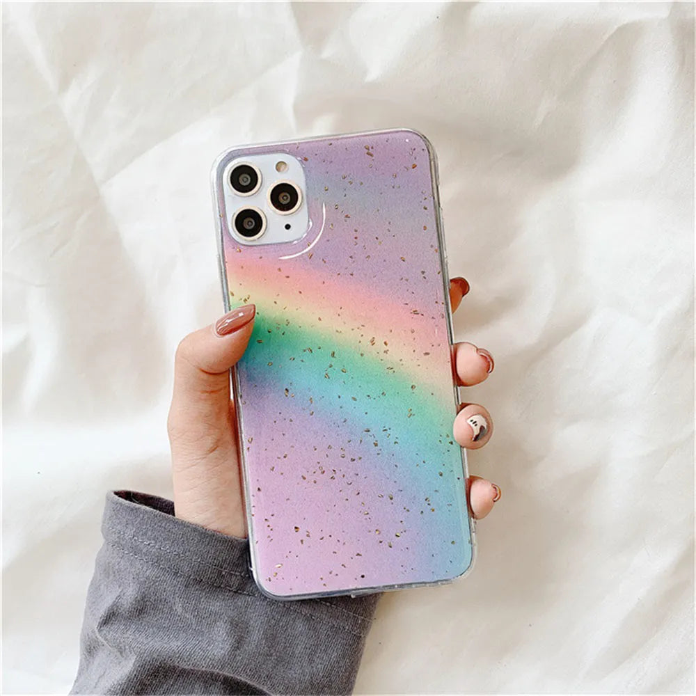 A gradient rainbow coloured TPU protective iPhone case with a striped design on a white background.