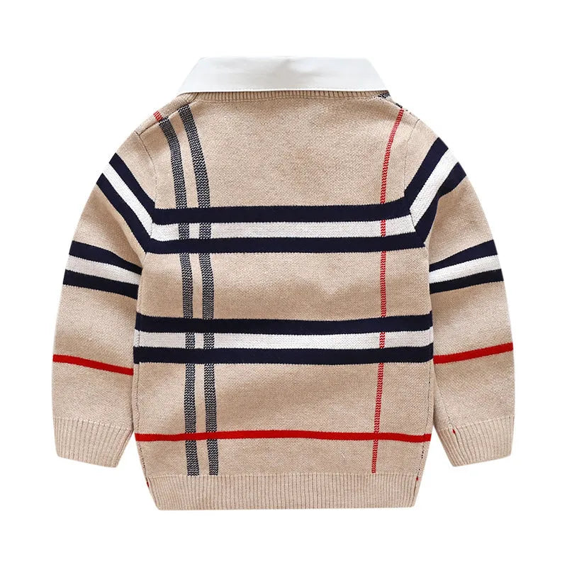 Boys plaid jacquard sweater in soft cotton fabric with long sleeves and pullover design