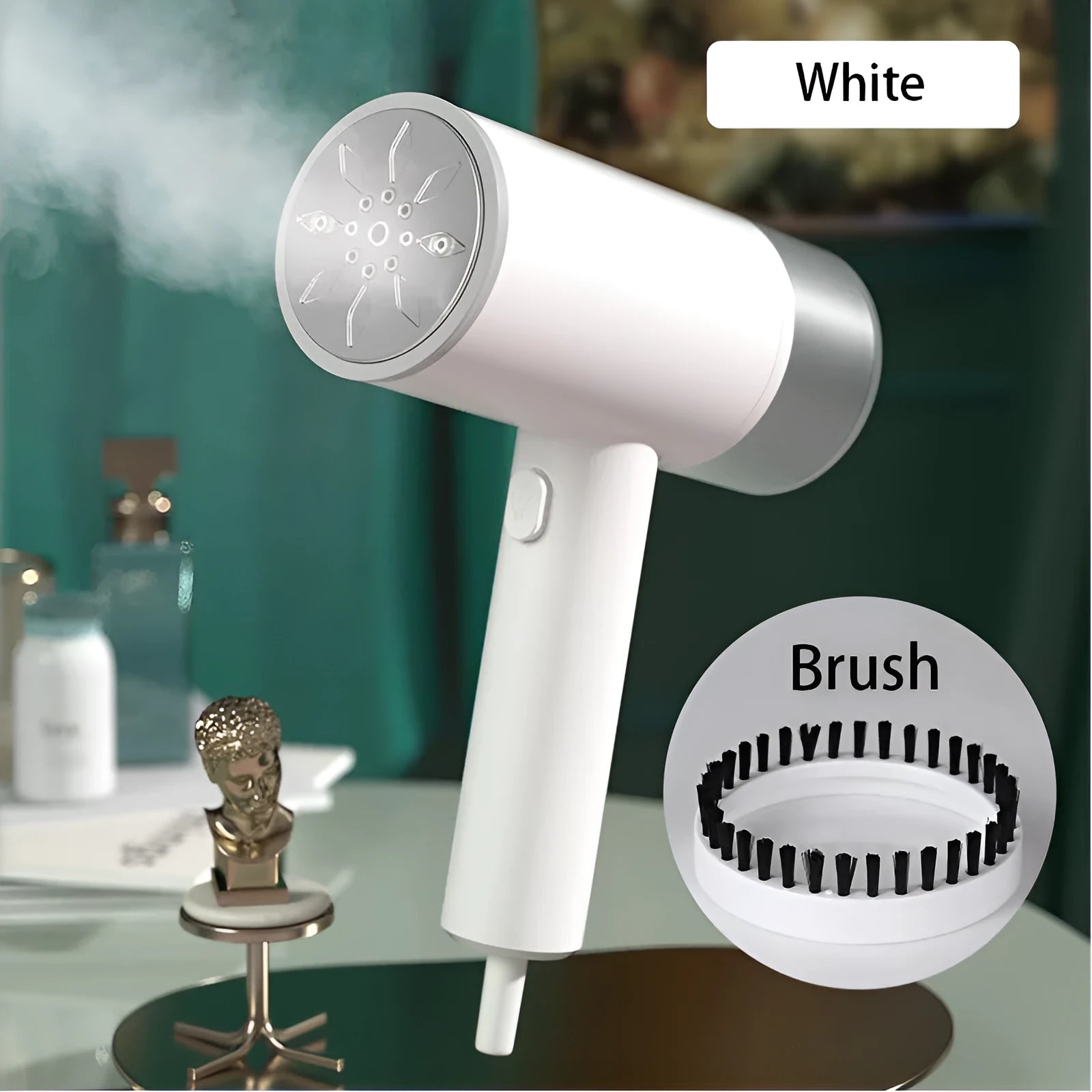 White hanging garment steamer with hand-held hook and stainless steel panel.