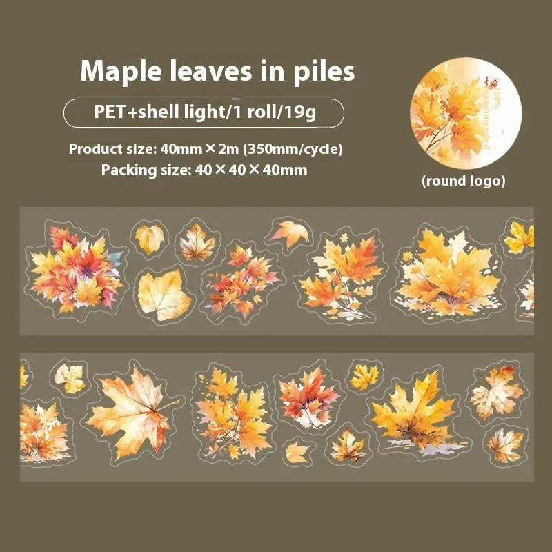 Six rolls of Deciduous Poetry Series decorative stickers showing autumn leaf patterns like ginkgo and maple.