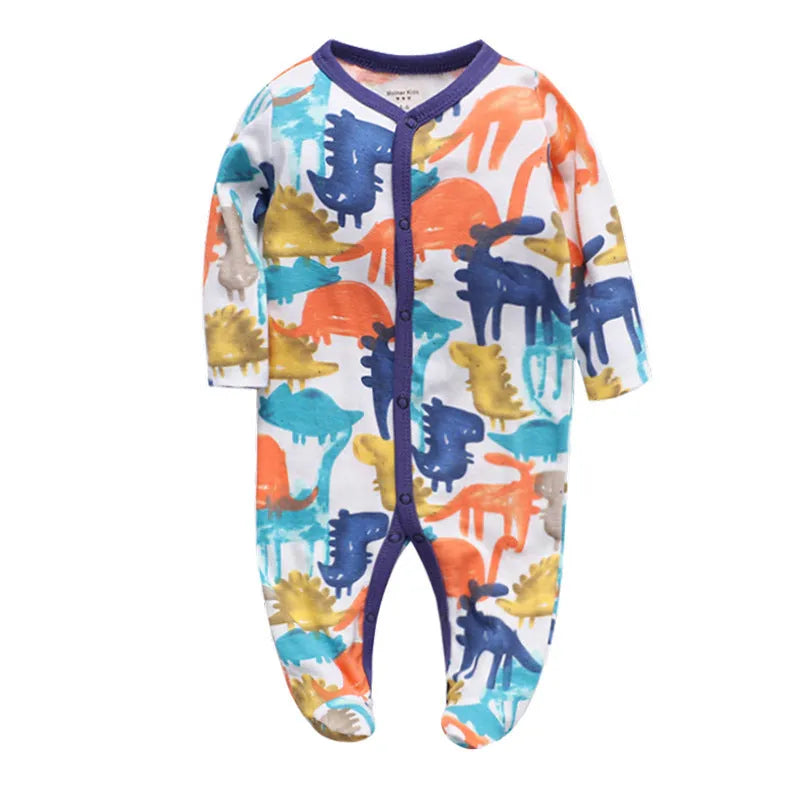 A soft cotton baby one-piece garment featuring a dinosaur print, shown on a hanger.