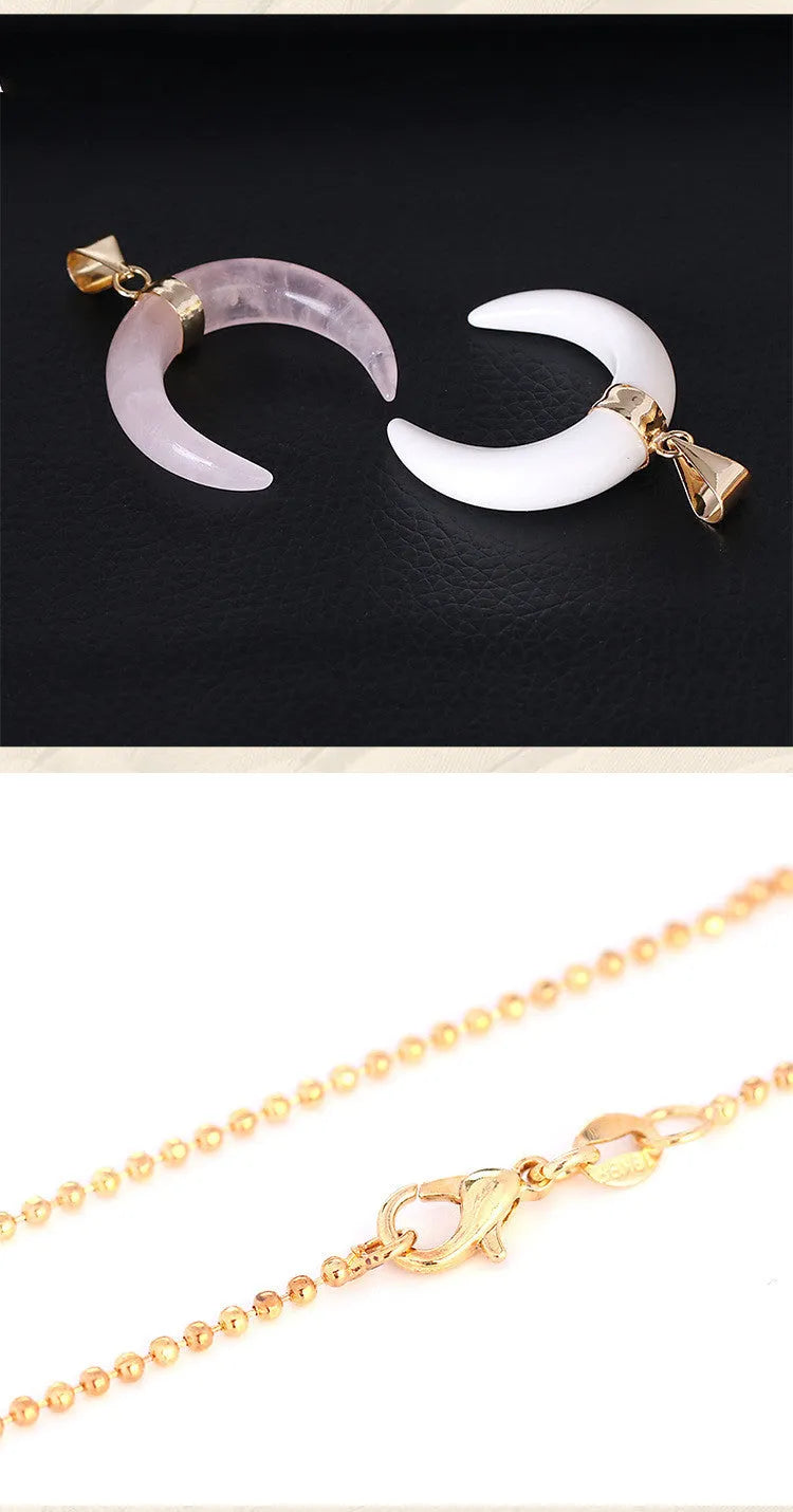 Natural stone moon pendant necklace with copper fittings and electroplated finish on adjustable 45cm chain