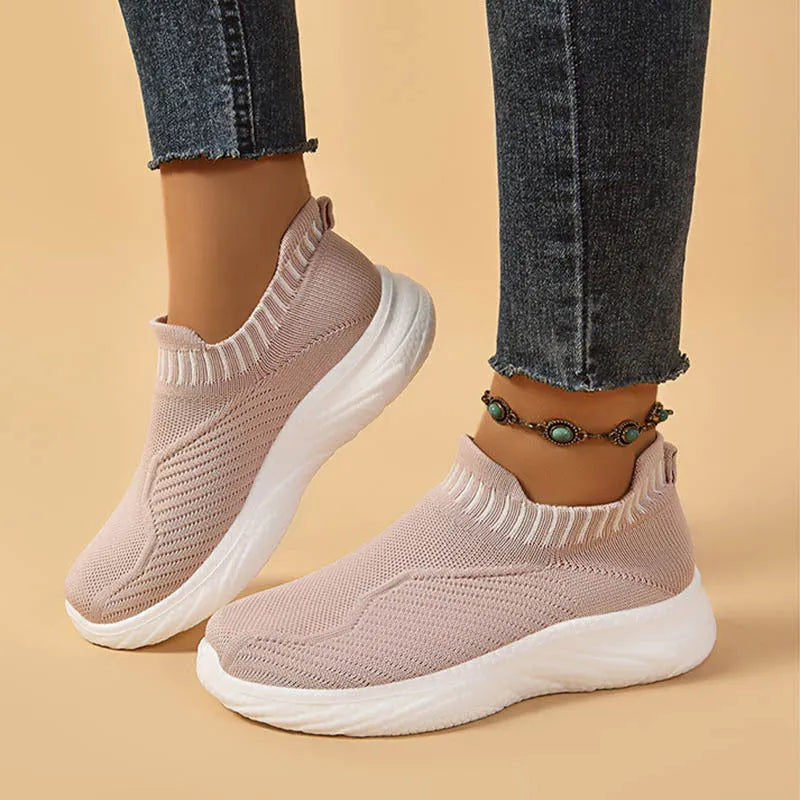Striped flat sneakers women lightweight breathable sock flats slip on shoes black colour