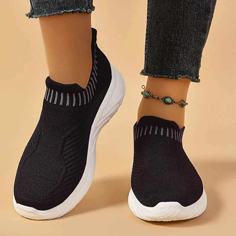 Striped flat sneakers women lightweight breathable sock flats slip on shoes black colour