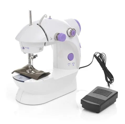 Electric mini household sewing machine showing compact 20cm size with power supply and accessories
