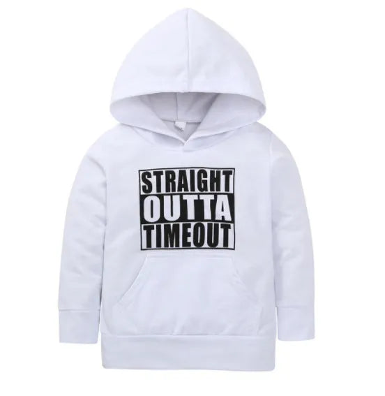 A black boys' hooded sweater with a white letter design on the front, featuring long sleeves and a pullover style.