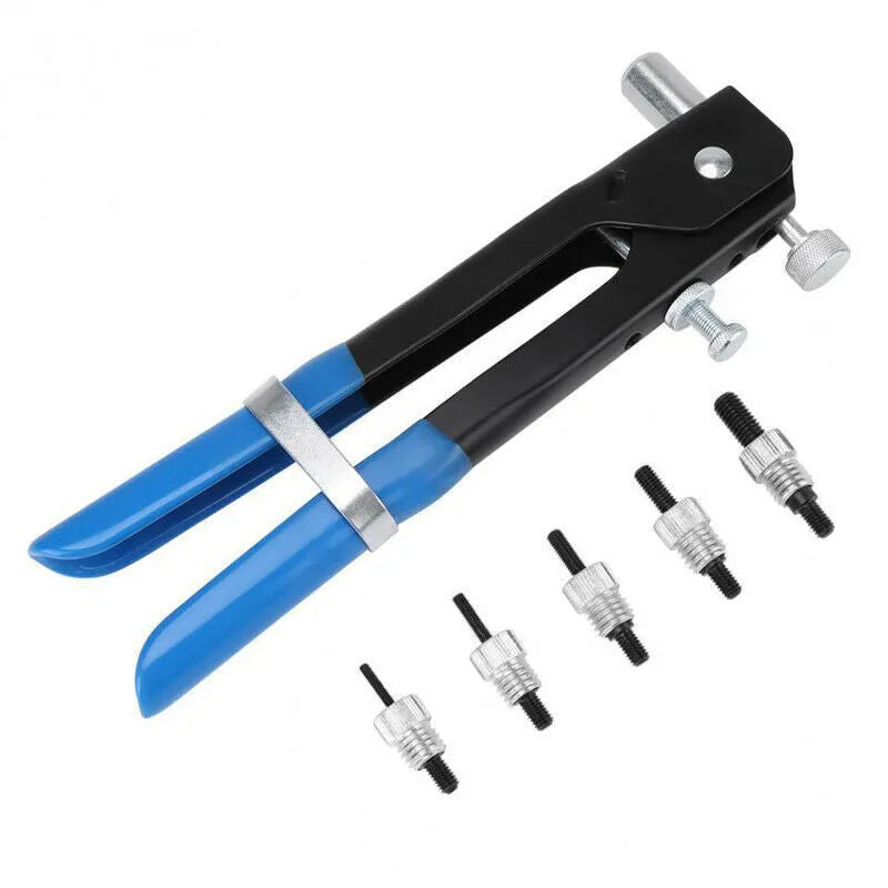 Alloy steel manual hand riveter gun with components from an 86-piece or 106-piece nut set.