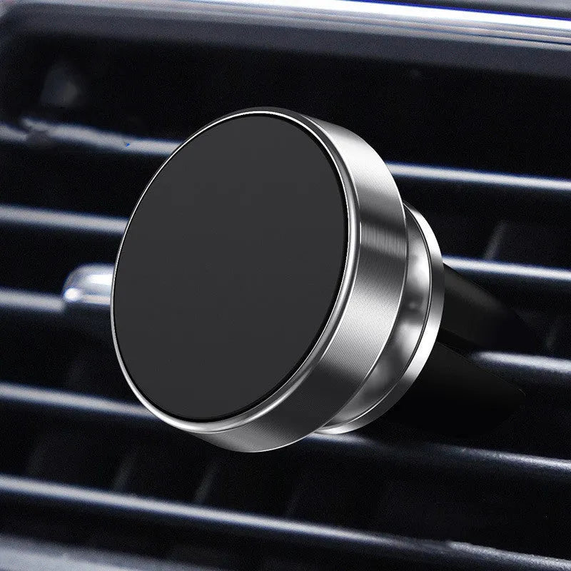 Aluminium alloy magnetic car phone holder in black, gold, or silver, showing paste and snap mounting styles.