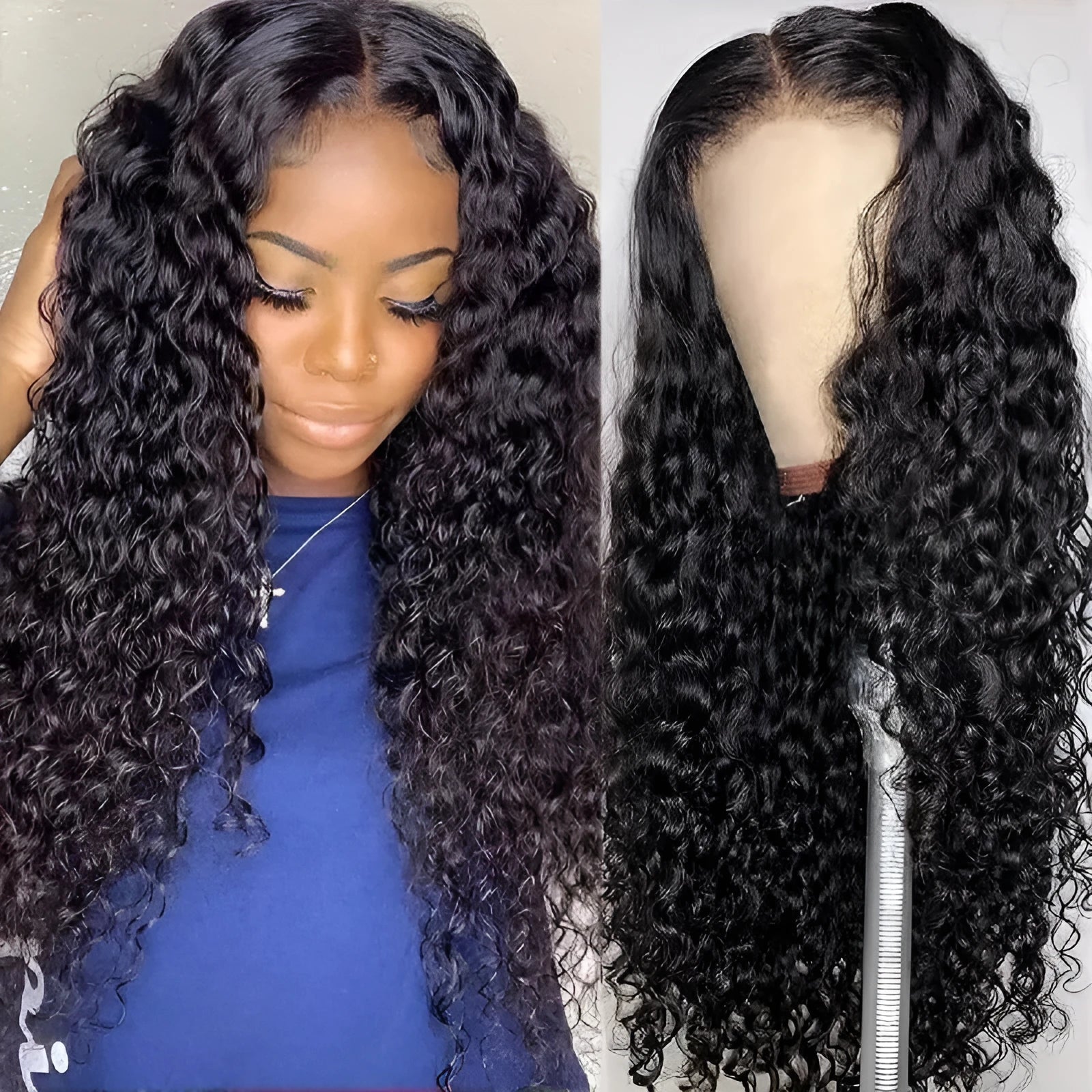 Front lace synthetic wig in black with long curly hair and side bangs, natural look