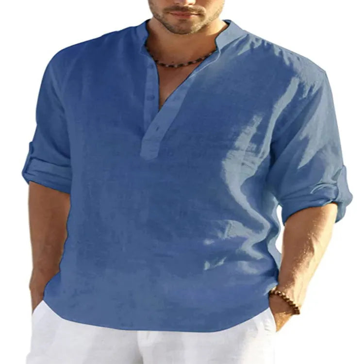 Men's casual cotton linen shirt in a solid colour with a stand collar and long sleeves.