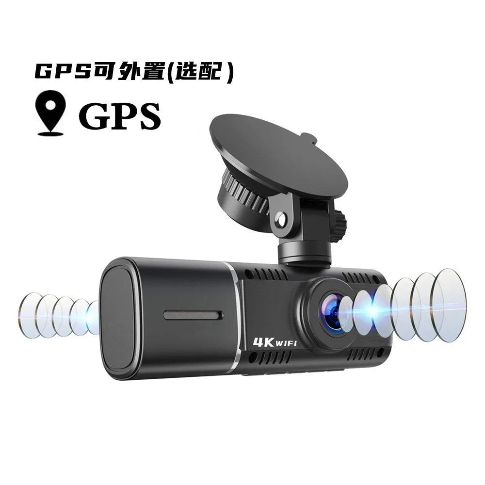 Black dual-channel car dash cam with 1.5-inch screen, front and rear cameras, mounted on a windscreen.