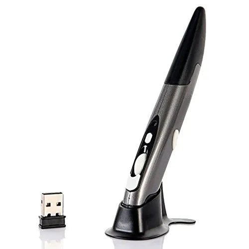 Wireless optical pen mouse in a pen shape with 2.4 GHz USB receiver and support stand, available in Blue, Gray, or Red
