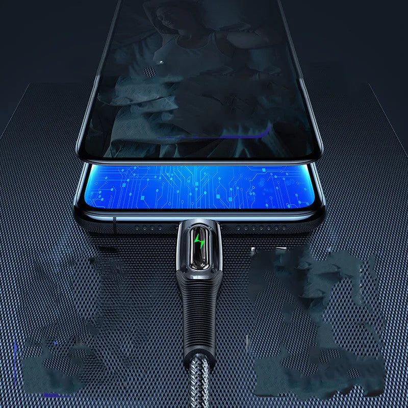 Black braided Lightning cable with zinc alloy connector for iPhone, shown with smart power-off feature.