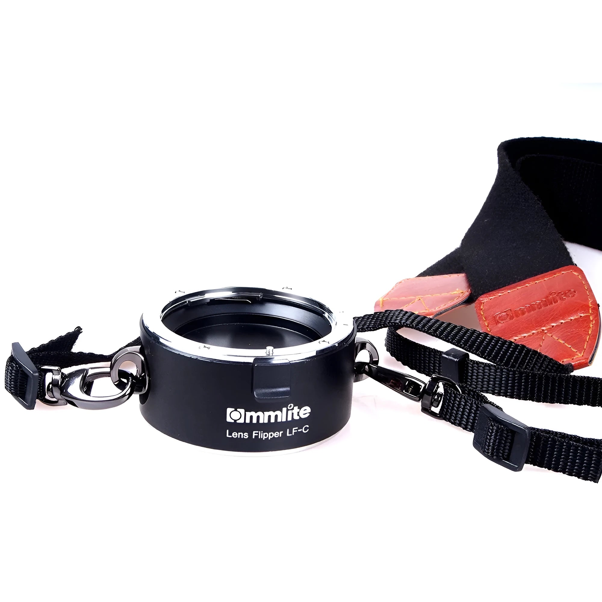 Aluminium alloy Nikon E-Mount camera lens flipper dual holder with cotton shoulder strap.