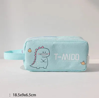 Cartoon stationery bag with dinosaur pattern in blue colour on white background