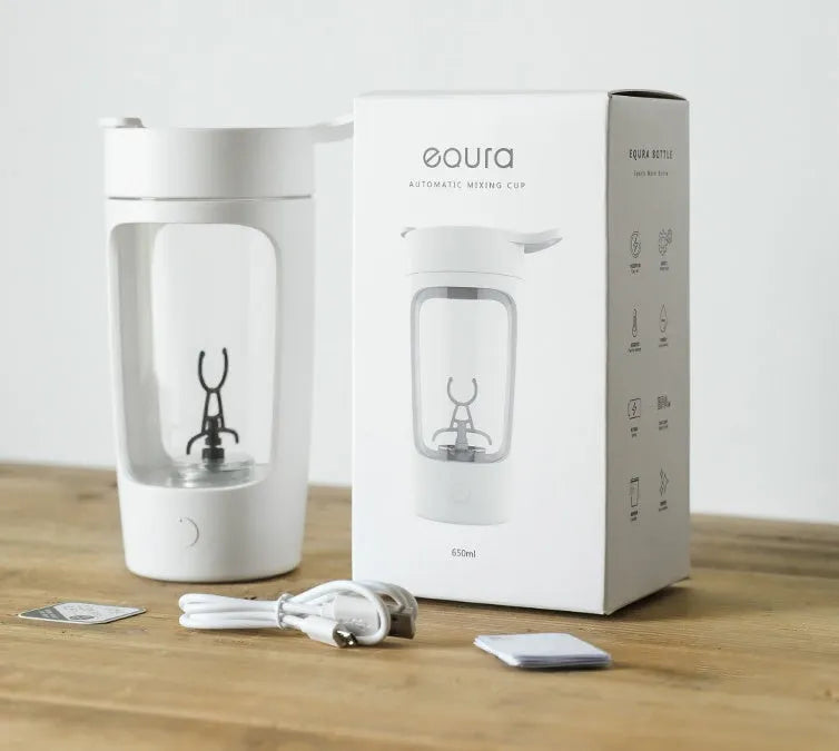 Portable rechargeable blender cup in blue, showing the 650ml capacity bottle and motorised lid.