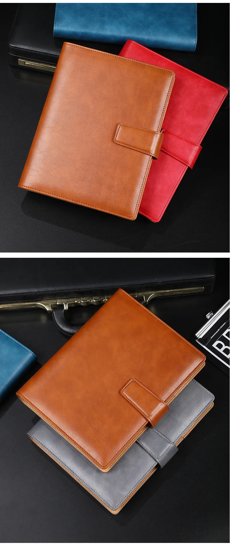 Hardcover A5 leather notebook with buckle closure in five colour options showing interior Daolin paper