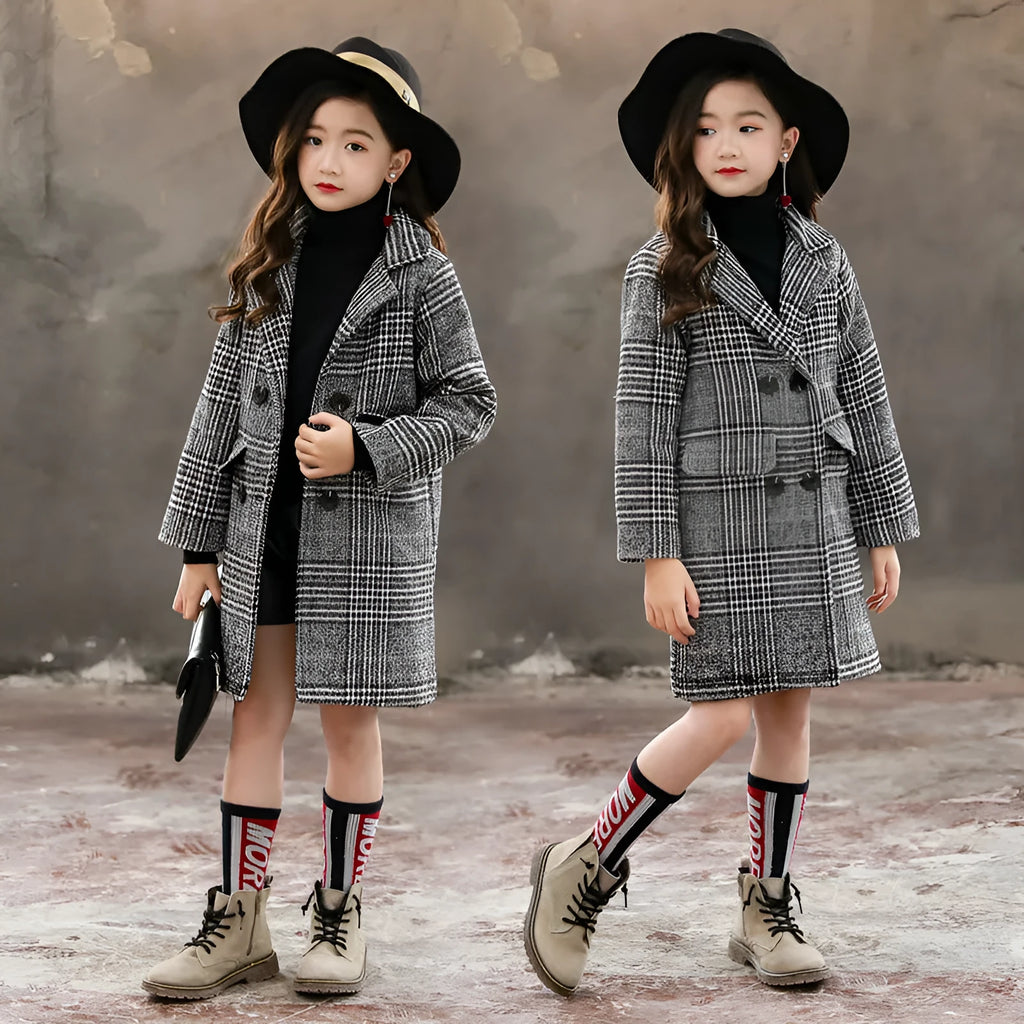 Grey plaid houndstooth coat for girls with suit collar and long sleeves