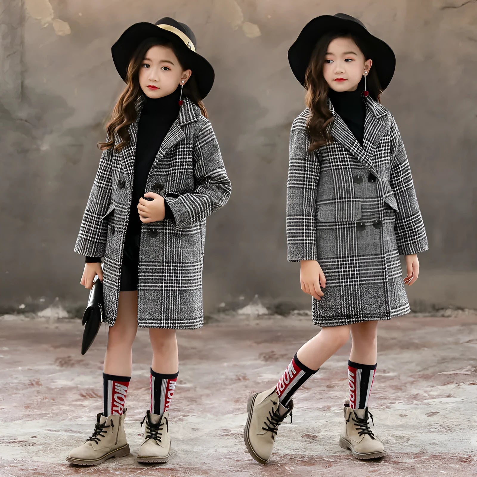 Grey plaid houndstooth coat for girls with suit collar and long sleeves
