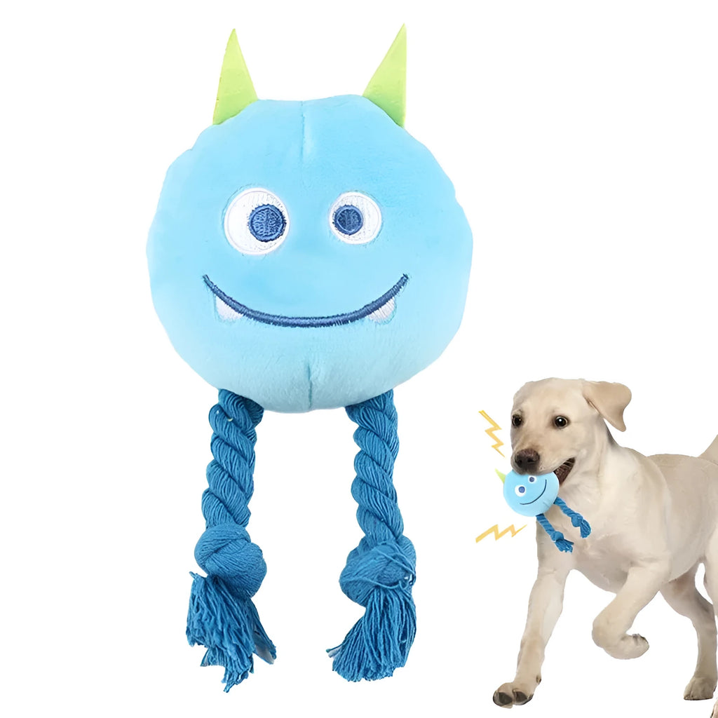 Blue and yellow cartoon dog squeaky toy with knot design made from cotton rope